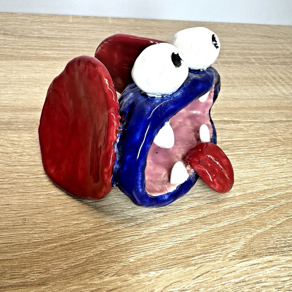 Ugly Pottery Ceramic Monster Figurine Signed SW Blue Red Folk Art Sculpture‎